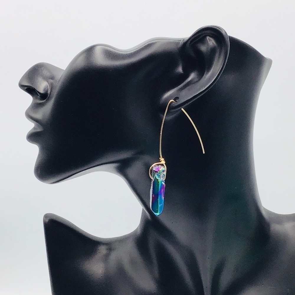 Gem Earrings Quartz Crystal Points Titanium Oil Slick Coating Ear Wire Boho